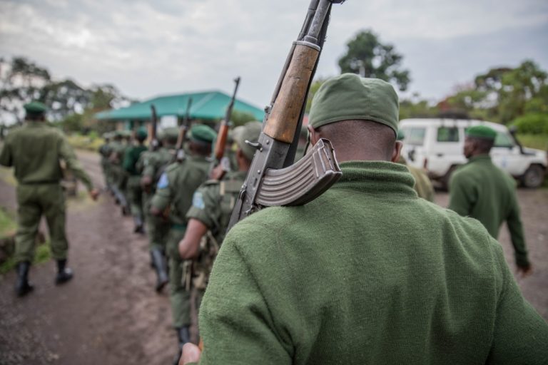 Kahuzi-Biega National Park rangers stand in formation at the park in October, 2016. Photo by Thomas Nicolon for Mongabay.