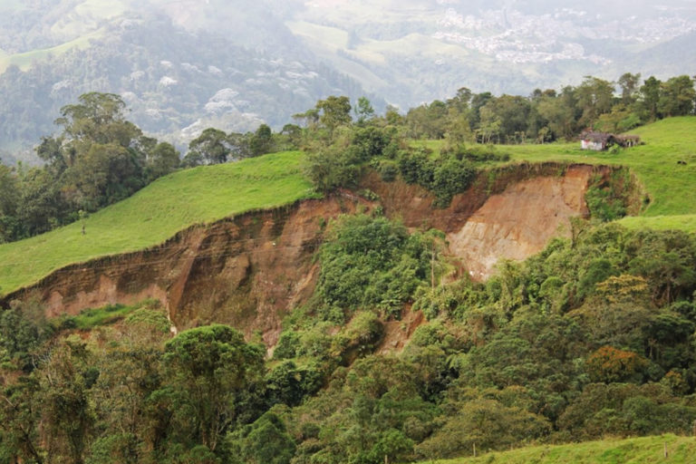 A landslide near Manizales in the Central Andes. In 2011, a landslide broke a pipe supplying water from the cloud forests and paramos into city, leaving hundreds of thousands of people without access to water for 10 days.