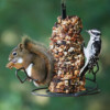 A squirrel and a bird share a bird feeder.