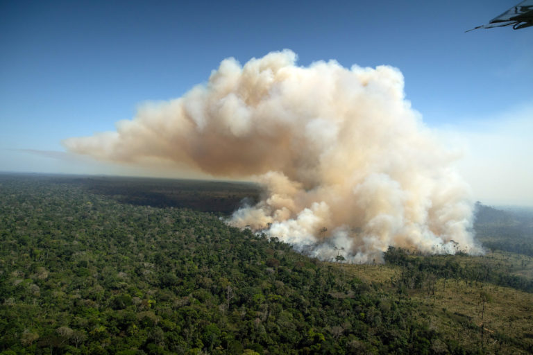 Fire in a recently deforested area in Aripuanã, Mato Grosso on Jul 30, 2021. Photo © Christian Braga/Greenpeace