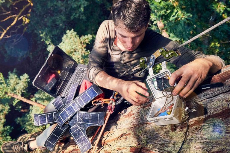 Topher White of Rainforest Connection installing a bioacoustic device in the forest canopy. Image by Ben Von Wong.