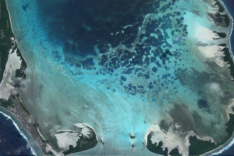 Satellite image of Cocos (Keeling) Islands. Image credit: Maxar Technologies