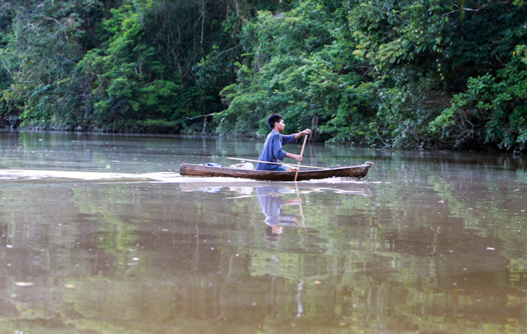 A member of the Indigenous Tikuna nation paddling a dugout canoe on a tributary of the Amazon in Colombia by Rhett A. Butler/Mongabay.