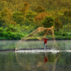 A man fishing in a lake.