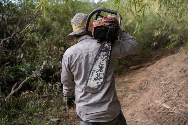 A logger carries his chainsaw through the forest of the Cardamom Mountains in Cambodia. He will sell the timber to garment factories.