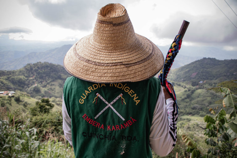 Indigenous Guards from the mountains of Miraflores, Quinchía, department of Risaralda, Colombia. Photo courtesy of Sandra Bejarano Aguirre.