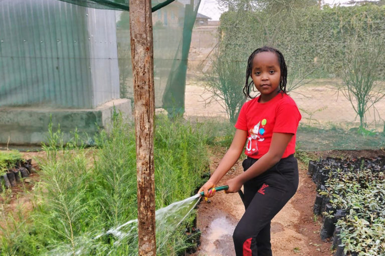 Karen Kimani waters her tree nursery.