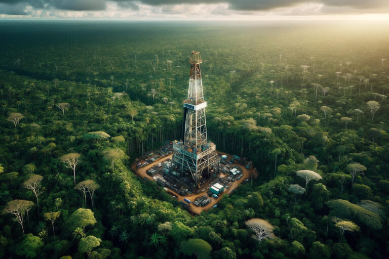 Rendering of an oil derrick in the rainforest. AI-generated.