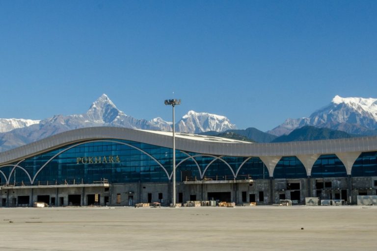 Pokhara Airport in Nepal with the Himalayan range in the background