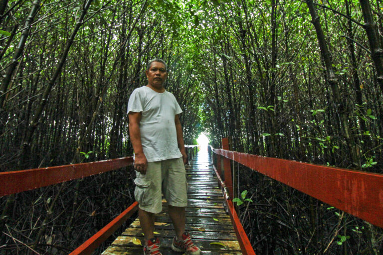 Roque Regis, one of Paraiso’s community leaders, stands on a bridge through the bay's mangroves.