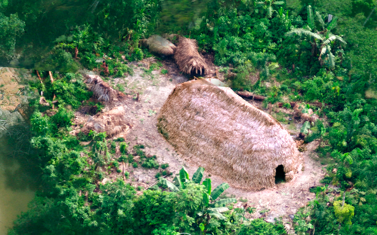 Malocas (traditional longhouses) of Indigenous communities in isolation on the Peru-Brazil border. Image by ORPIO.